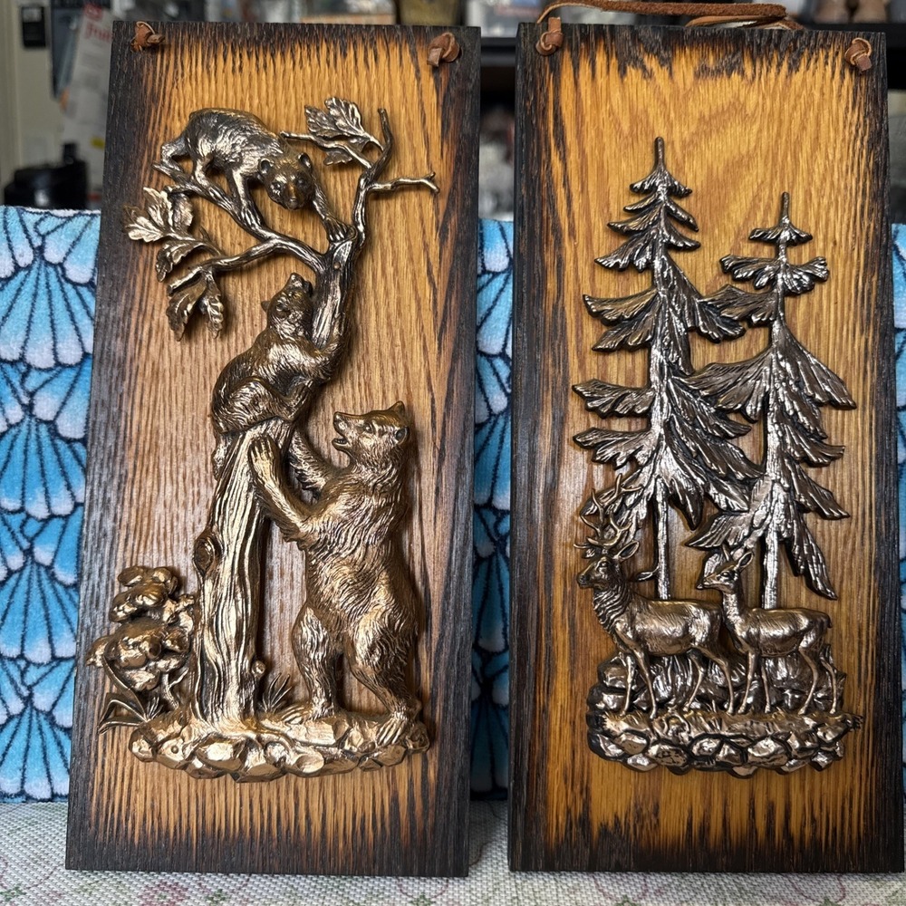 VTG Wildlife Copper Colored Plaques Deer Bears Lot of 2 Made in Canada